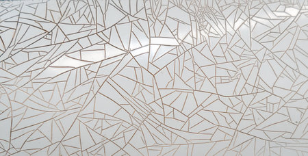 A close-up view of a deteriorating white plastic sheet featuring a complex network of cracks and...