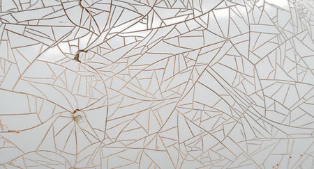 A close-up view of a deteriorating white plastic sheet featuring a complex network of cracks and peeling patterns, creating an abstract geometric designの写真素材