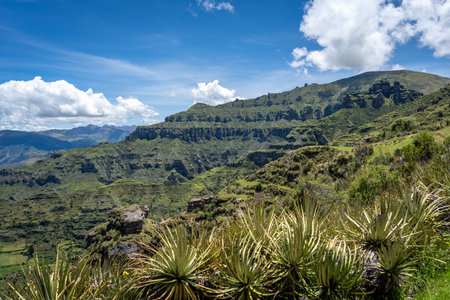 The Waqrapukara site in Peru features dramatic rock formations, green valleys, and steep cliffs, offering breathtaking views of the Andean highlands under a bright blue skyの写真素材