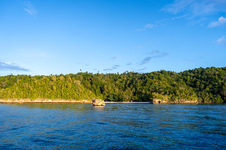 Golden sunlight bathes the lush forest and white sand of Lia beach, Waleakodi Island, Togian...