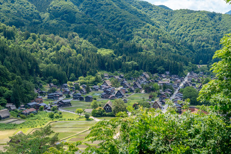 The scenic village of Shirakawa-go is nestled in lush green mountains, featuring traditional gassho-zukuri houses and peaceful countryside life. Japanの写真素材