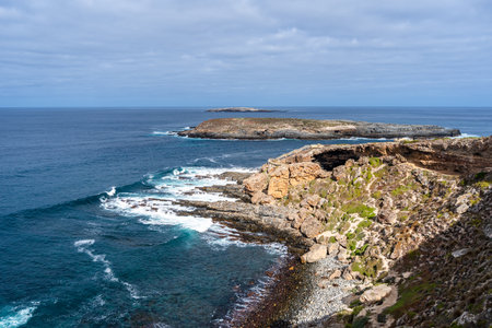 Casuarina Islet, viewed from Cape Du Couedic in Flinders Chase National Park, Kangaroo Island, Australia, features rocky shores, blue ocean, coastal vegetation, and rugged cliffs in a remote and wild landscapeの写真素材