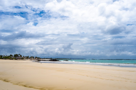 A peaceful scene of Puerto Villamil Beach on Isabela Island, with clear turquoise water and soft sandy shores in the Galapagos Archipelago, Ecuadorの写真素材