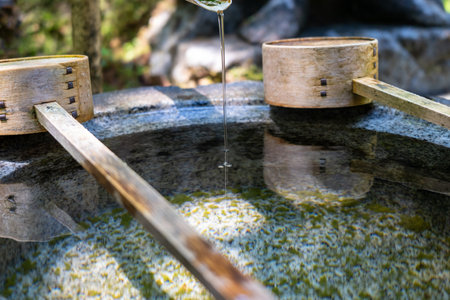 Wooden hishaku ladle placed in a chozuya stone basin, at Mitaki-Dera temple in Hiroshima, japan,...