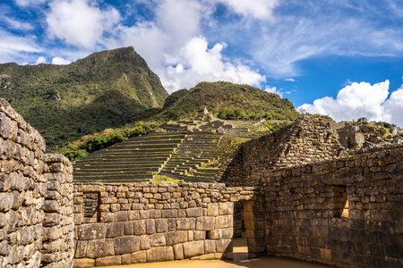 Lush green terraces and precisely carved stone walls within Machu Picchu under the bright Andean sky
