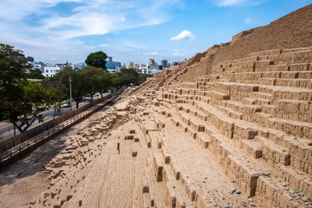 The Huaca Pucllana pyramid in Lima, Peru, is an ancient archaeological site known for its step-like structure and cultural significanceの写真素材