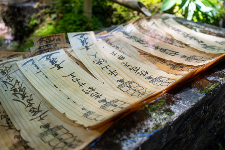 Traditional omikuji fortunes submerged in a stone fountain at Mitaki-Dera in Hiroshima, surrounded...