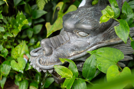 A bronze dragon fountain emerges from lush green foliage on Enoshima Island, Japan, with water flowing gently from its open mouthの写真素材