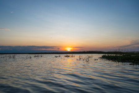 Calm waters of Lake Tempe reflect the glowing sunset, illuminating the Sulawesi horizon in Indonesia with vibrant colors and soft ripplesの写真素材