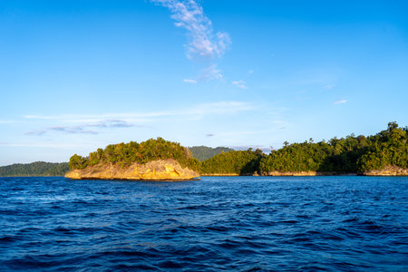 Waleakodi Island in the Togian archipelago, Sulawesi, Indonesia, glows under the soft golden light...