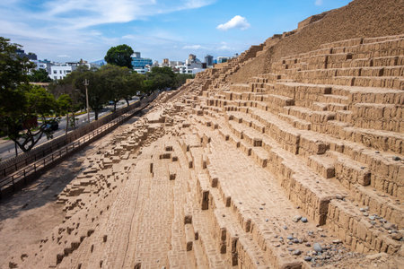 The Huaca Pucllana pyramid in Lima, Peru, is an ancient archaeological site known for its step-like...