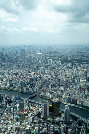 An expansive aerial perspective of Tokyo reveals a dense urban landscape, with rivers, bridges, and...