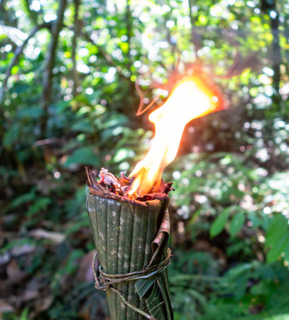 A handmade torch crafted from palm leaves and used by indigenous communities in the Cuyabeno Reserve, Ecuador, with a fire litの写真素材