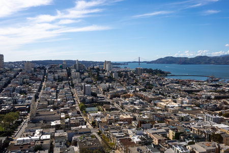 Aerial view of San Franciscoâ€™s downtown with modern skyscrapers under a blue sky with...