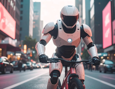 A humanoid robot pedals a red bicycle along an illuminated city avenue, surrounded by cars, buildings, and vibrant evening lights in motionの素材