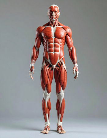 Human anatomical model presenting detailed frontal muscle system, created for medicine, scientific research, anatomy study, and clinical teaching visualizationの素材