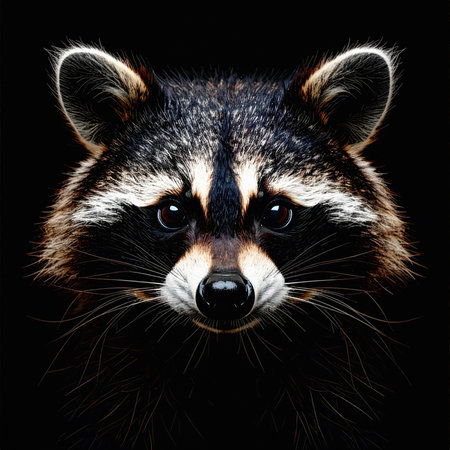Dramatic closeup of a raccoon face emphasizing its glowing eyes, pointed ears, and strong contrasting fur against a deep black backgroundの素材
