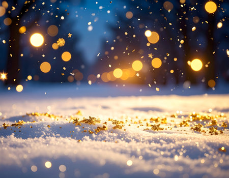 Shimmering golden sparkles rise above snowy ground glowing in warm winter light, spreading festive brightness and charm during the holiday seasonの素材