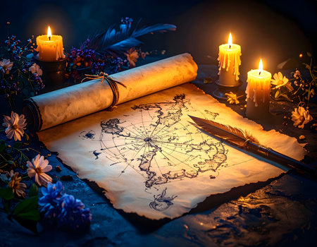 A parchment star chart with radial lines lies on a table, surrounded by candles, flowers, and a quill feather beside the scrollの素材
