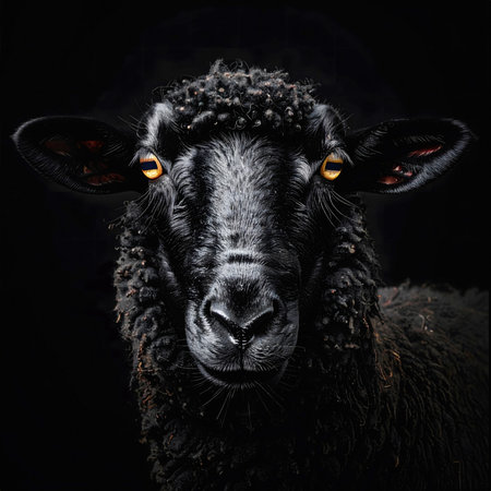 A striking black sheep faces the viewer, its dark fleece and glowing eyes contrasting against the deep black background with sharp detailの素材