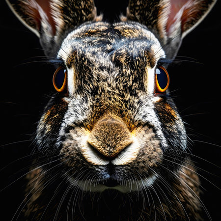 A rabbit stares forward with vivid orange eyes, patterned fur, and long whiskers, highlighted dramatically against a pure black backgroundの素材