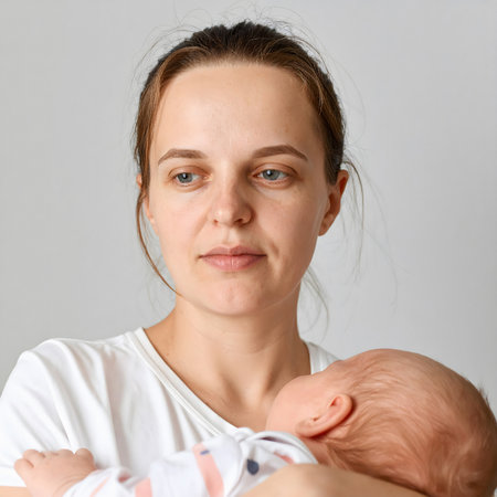 Mother looks away thoughtfully while holding her baby in her arms. Her face appears serious, showing strength, concern, and careの素材