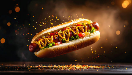 A hot dog with sausage, bread, and sauces levitates in mid air, creating a surreal effect with detailed texturesの素材