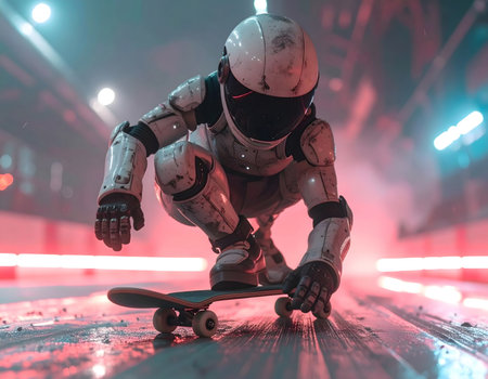 A futuristic robot skateboarder crouches low on a skateboard, performing a dynamic trick under bright neon pink and blue city lightsの素材