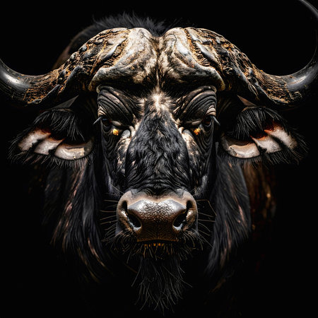 The african buffalo is depicted head-on, its massive rugged horns and determined gaze emphasizing wilderness resilience and raw savanna strengthの素材