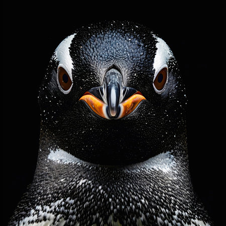 A gentoo penguin faces forward, displaying its characteristic orange beak, spotted black and white plumage, and direct steady gazeの素材