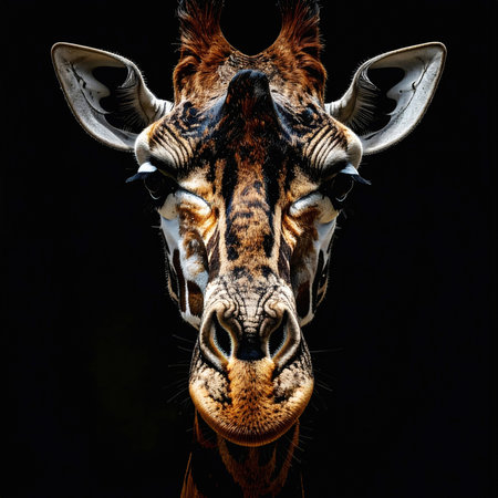 A giraffe stares directly forward with perfectly symmetrical features, showcasing natural markings and textures against a dark contrasting backgroundの素材