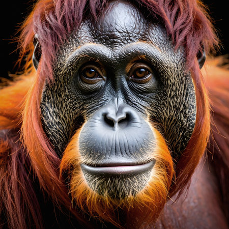 An orangutan gazes calmly into the camera, its reddish hair and deep brown eyes reflecting intelligence and serenity against a black backdropの素材