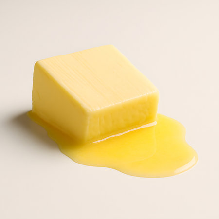 A cube of butter tilts as it melts, releasing golden liquid onto a pale surface, emphasizing warmth, smoothness, and natural culinary beautyの素材