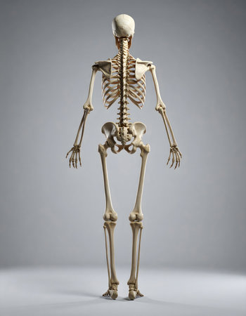 Detailed human skeleton shown standing from the back, highlighting spine, pelvis, ribs, arms, and legs with anatomical precisionの素材