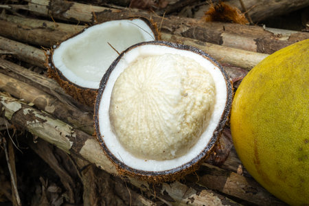 A freshly opened coconut with a sprouted embryo next to a ripe grapefruit, placed on wooden branches...