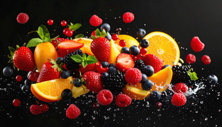 Multiple fruits hover in midair against black, emphasizing vibrancy, freshness, and striking textures, presenting an appetizing suspended arrangement full of natural beautyの素材