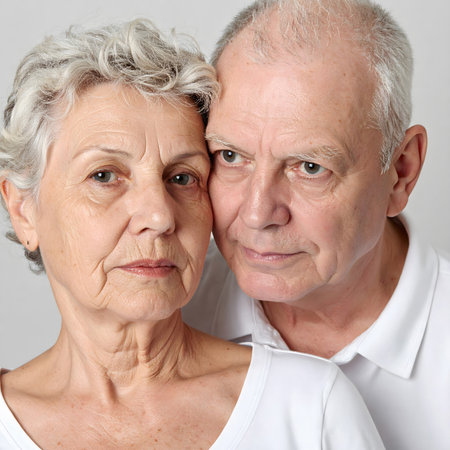 Portrait of senior couple in white shirts, standing close together with calm serious expressions, capturing shared bond and long lasting companionshipの素材