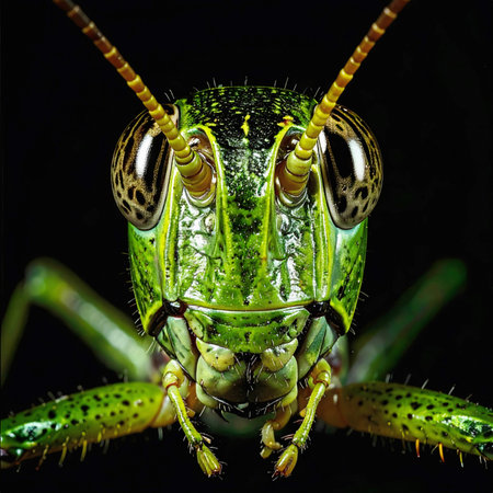 A detailed macro view of a green grasshopper, highlighting its patterned compound eyes, antennae, and vibrant body under dramatic lightingの素材