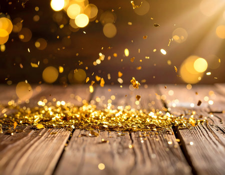 Golden sparkles fall gently on wooden surface under sunlight, enhancing warm festive atmosphere and holiday spirit with bright shimmering glowの素材