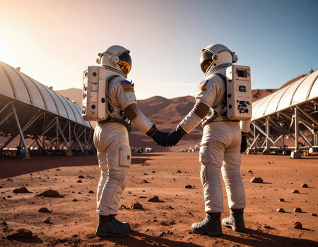 Two astronauts stand together, holding hands between long cylindrical Mars colony habitats, with red desert terrain and mountains in the backgroundの素材
