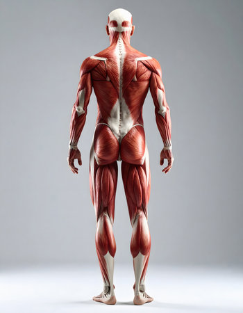Medical model presenting human muscular anatomy from the back, focusing on muscle groups, symmetry, and anatomical accuracy for research and health educationの素材