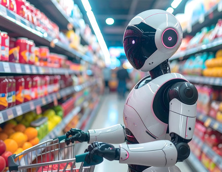 A humanoid android robot with glowing pink sensors pushes a shopping cart filled with groceries inside a futuristic supermarket under bright lightingの素材