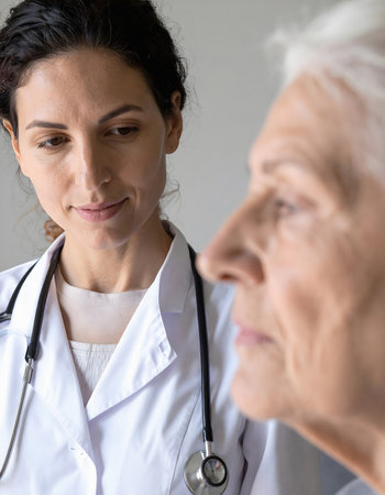 Scene depicting woman doctor advising old patient with expertise, symbolizing responsibility, science, healthcare guidance, and the process of clinical examinationの素材