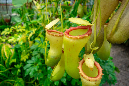 This close-up captures the nepenthes plant, showcasing its unique green and red pitcher traps with spotted patterns, surrounded by vibrant tropical leavesの写真素材