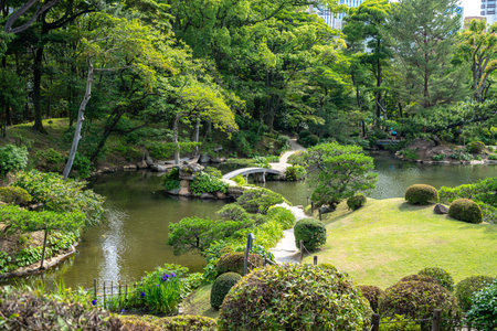 Elegant traditional bridges cross a calm pond in Shukkei-en, a serene Japanese garden nestled in the heart of Hiroshima, Japanの写真素材