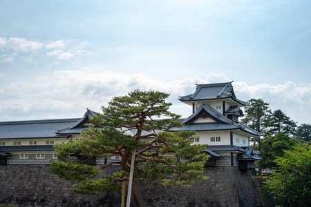 Traditional Japanese architecture of Kanazawa Castle with stone walls, surrounded by greenery and blue sky in Japanの写真素材