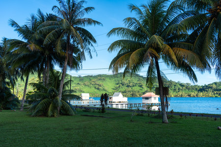 A peaceful view of Hurepiti Bay on Tahaa Island, featuring charming wooden houses on stilts and the...