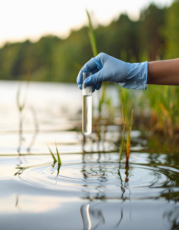 A gloved hand carefully collects a water sample in a test tube from a calm river surface surrounded by green vegetation at sunsetの素材
