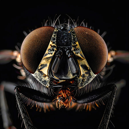 A close macro shot of a fly features patterned head textures, massive compound eyes, bristly hairs, and sharp insect mouthpartsの素材