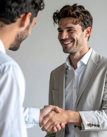 Businessman dressed in light suit smiles while shaking hands, symbolizing cooperation, trust, respect and unity in a professional corporate environmentの素材